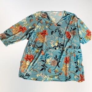 CJ Banks blue floral faux wrap top 3/4 sleeves size 2X